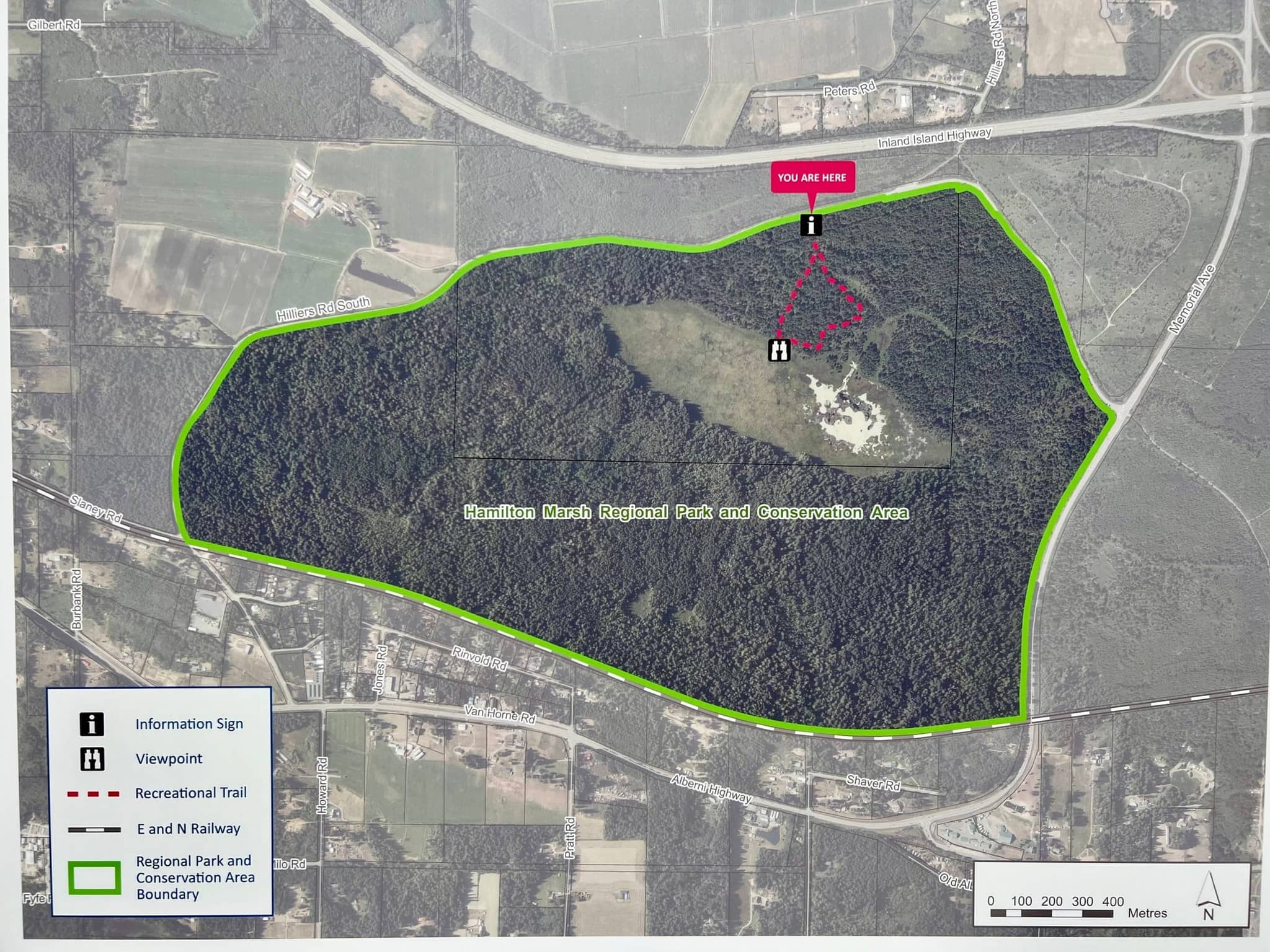 Map of the Hamilton Marsh Loop trail showing the route and viewpoint